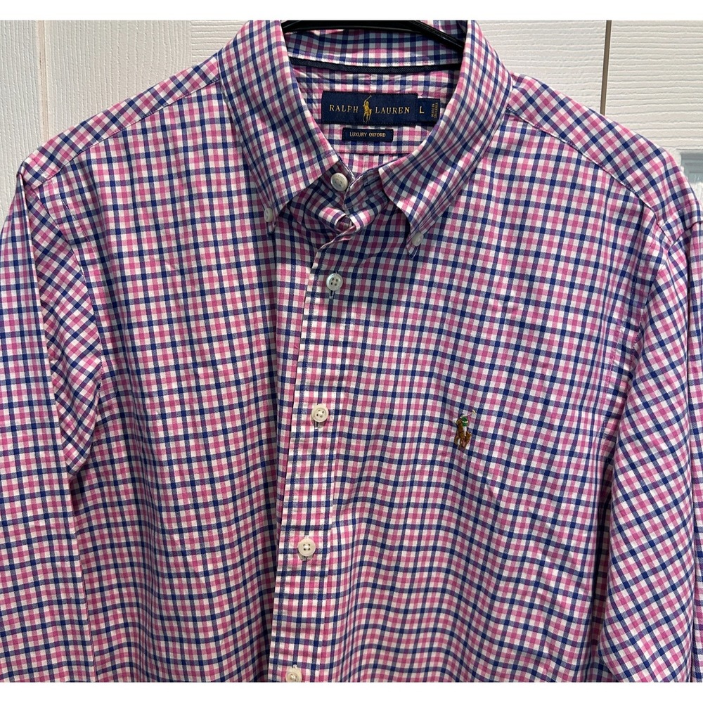 Ralph Lauren Luxury Oxford Mens Dress Shirt Large Cotton Pink White Purple Check - Picture 4 of 6